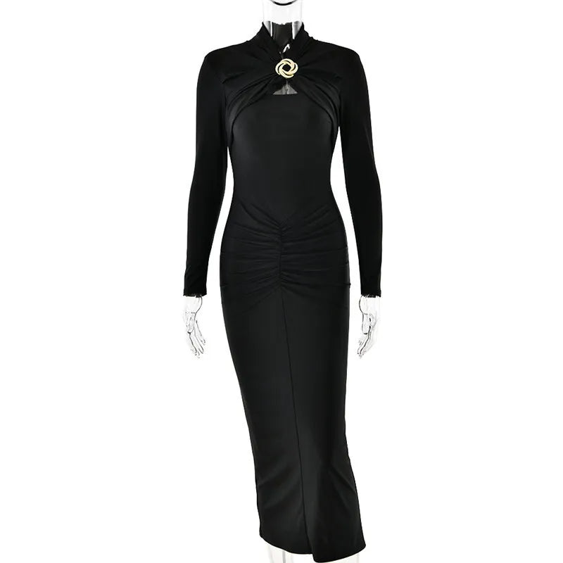 Hollow Out Long Sleeve Maxi Dress For Women Metal Buckle Bodycon Cocktail Dress