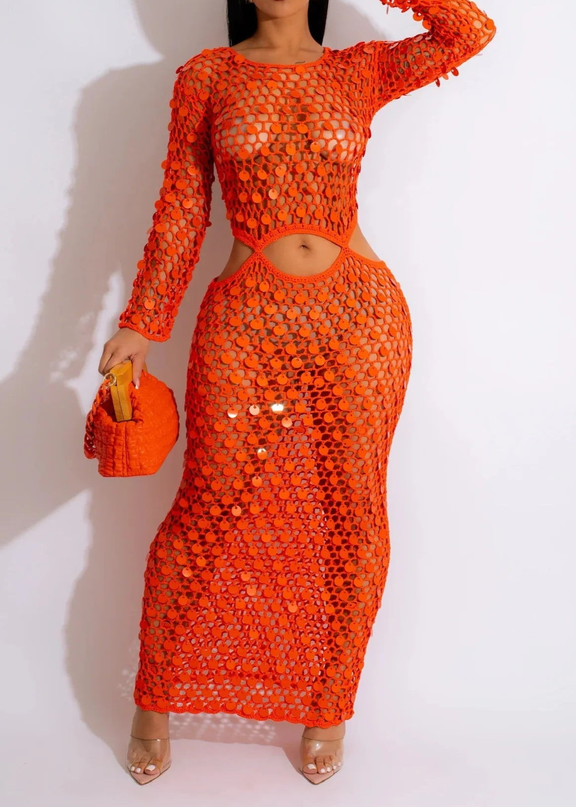 Fishnet Knitting Hollow Sequins Maxi Dress Sexy See Through Vacation Beach Dress Resort Wears