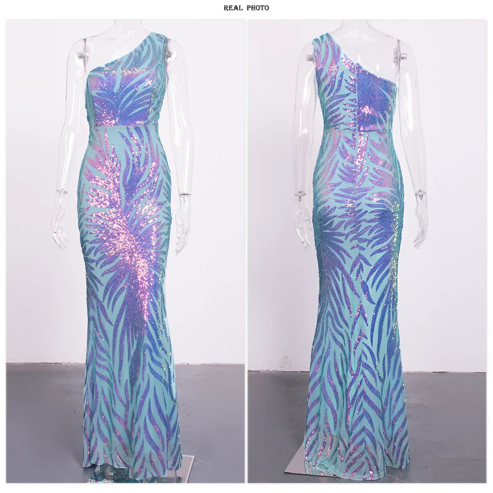 One Shoulder Flower Sequined Cocktail Sleeveless Stretchy Evening Dress