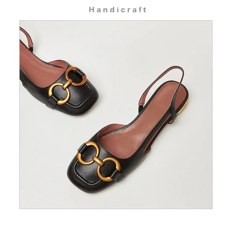 French Low Heel Retro Toe Cover Sandals Women Summer Empty Horse Bit Faux Leather Strap Sandals