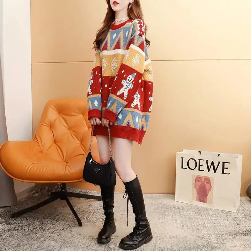Christmas Sweater Women's Medium-Length Winter Loose-Fit Thickened Knit Pullover