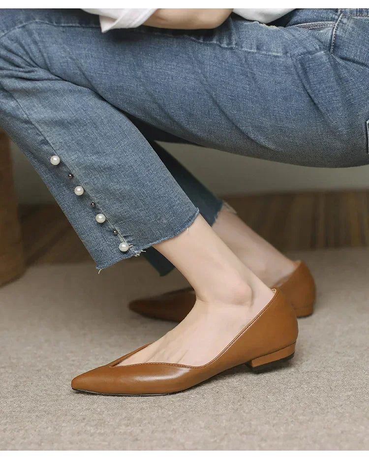 French Pointed Leather Shoe Simple Comfort Sheepskin Elegant Low Heel Shoes