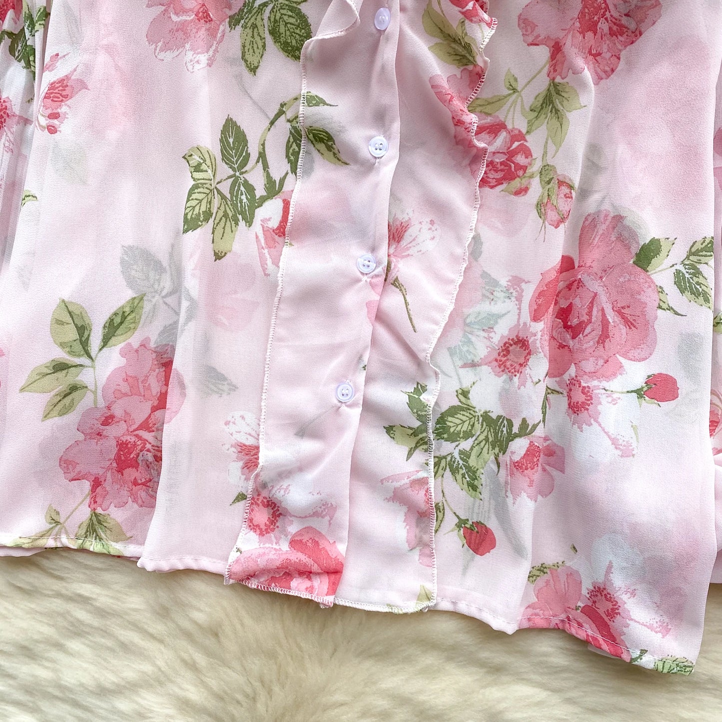 Floral Print Loose Shirt Women Lantern Sleeve V Neck Thin Causal Ruffle Blouse