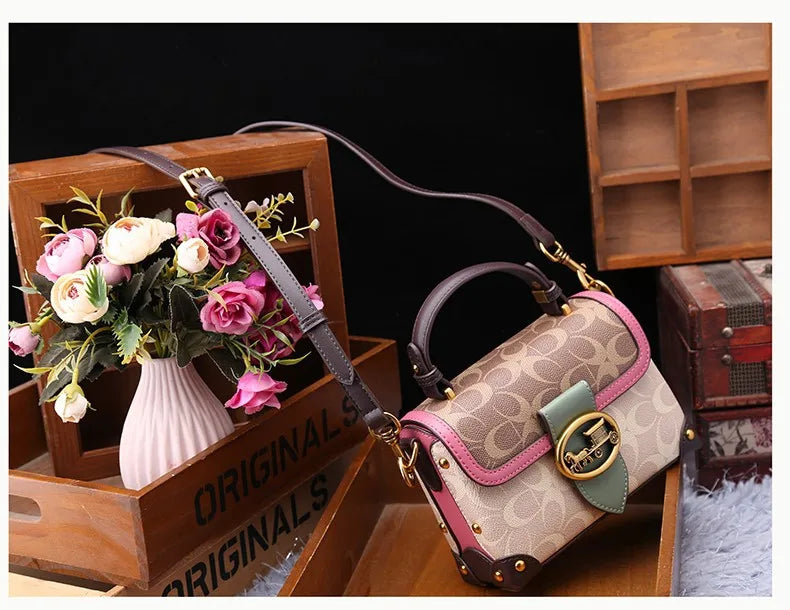contrasting color women's bag, high-end carriage crossbody bag, portable box bag