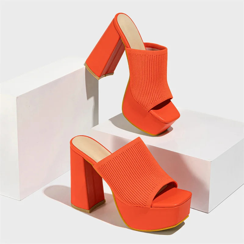 Knitted Platform Slippers Chunky High Heels Women Peep Toe High Heel Slippers