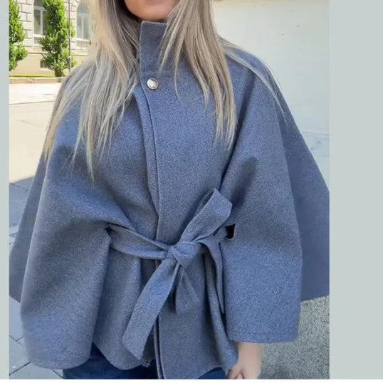 Belt Cropped Jacket Coat Women's Stand Collar Cape Outerwear