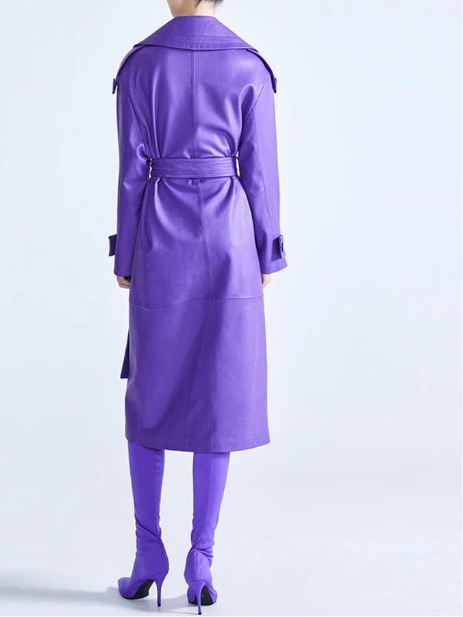 Elegant Purple Colored Faux Leather Trench Coat for Women Sashes Runway Coat