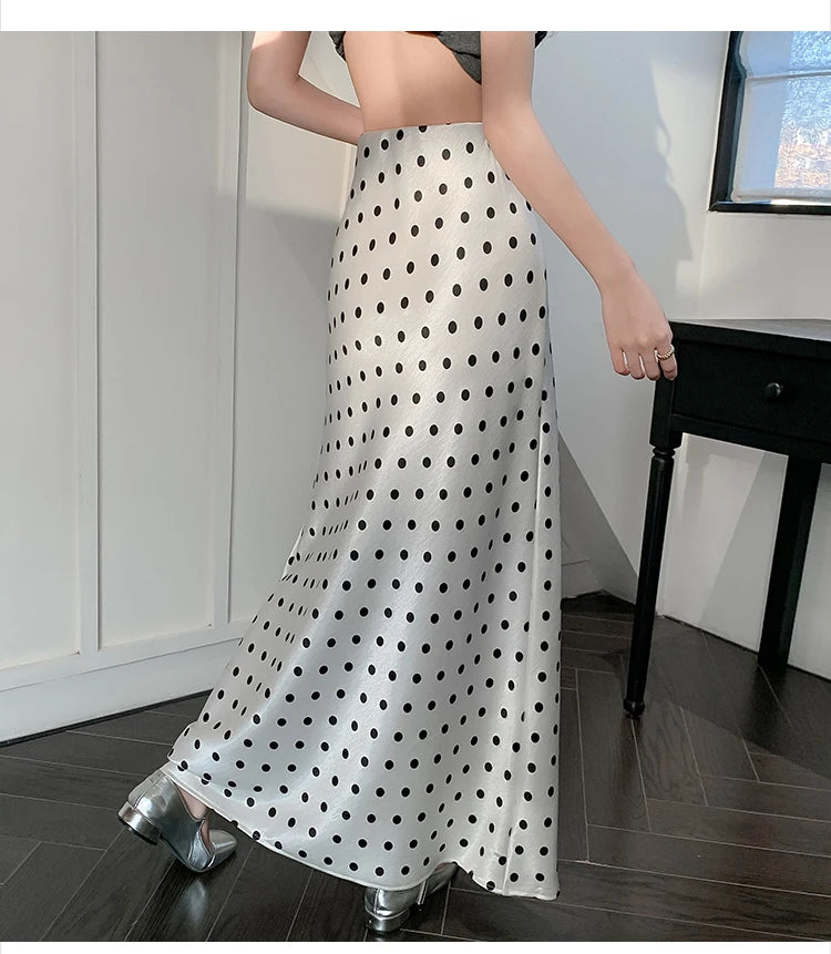 Polka Dot Satin Skirt Women's High Waist Versatile Elegant Dot Long Skirt