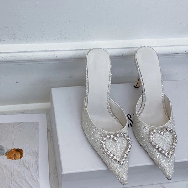 Shallow Mouth High-heeled Women's Shoes Love Rhinestone Shining Thin Heel Pump Slippers