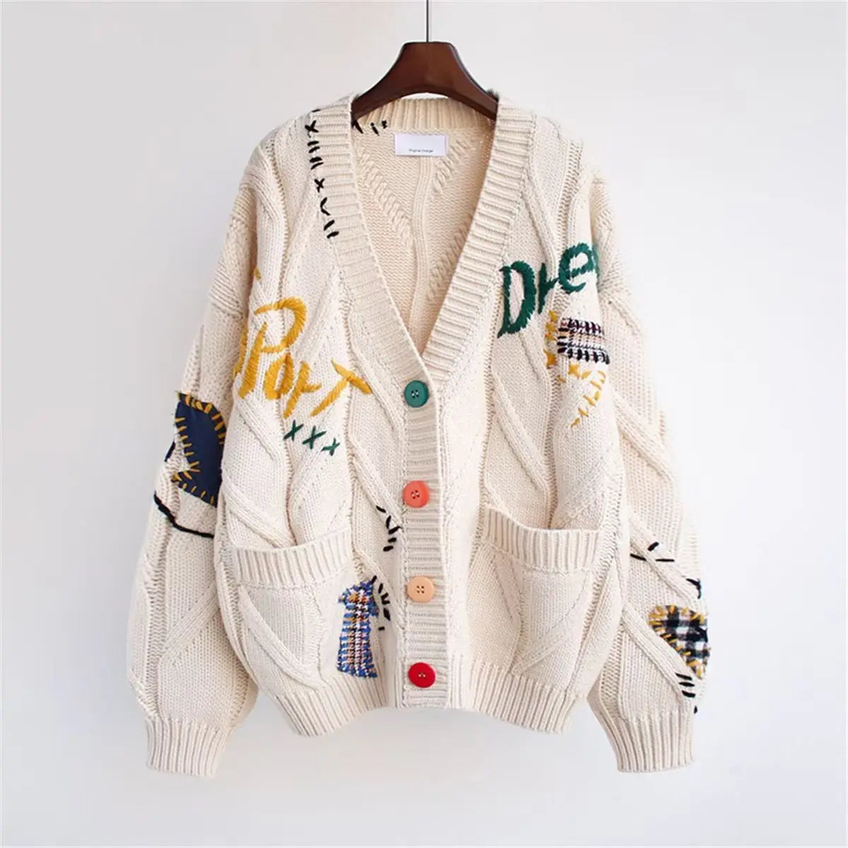 Embroidery Knitted Cardigan Women's Sweater Warm Long Sleeve V Neck Jumpers