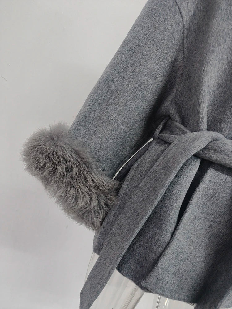 Women Overcoats Fur Patchwork Long Sleeve Woolen Coat