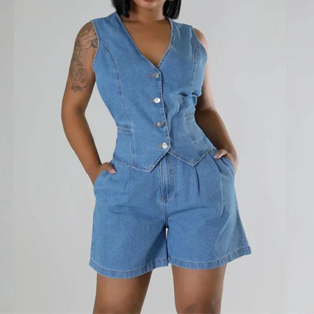 Summer V Neck Sleeveless Waistcoats Women Two Piece Sets Straight Denim Shorts Female Suits