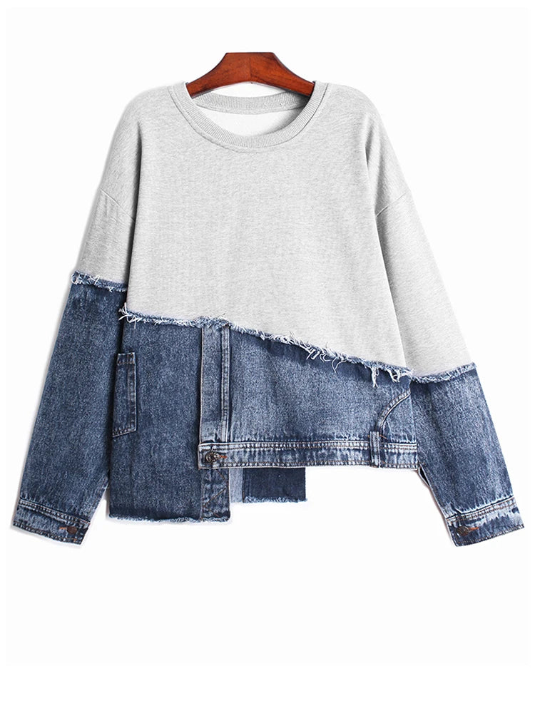 New Round Neck Long Sleeve Women Oversized Denim Sweatshirt