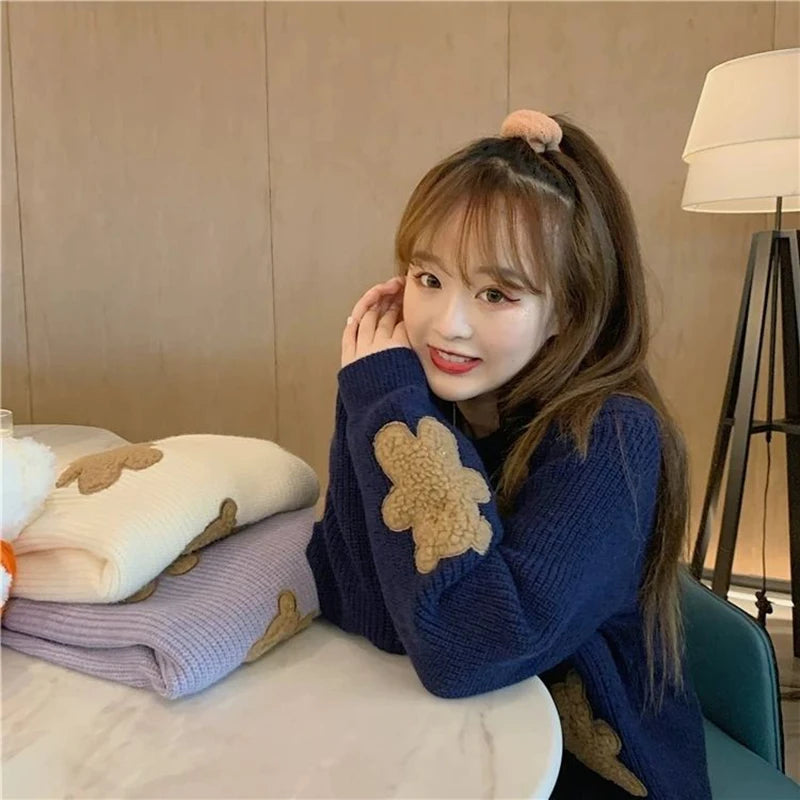 Sweet Cartoon Bear Sweater Women Cute Knitted Pullover Oversized Knitwear