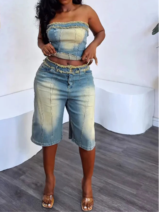 Cowboy 2 Piece Set Women Vintage Hipster Wrap Zip Backless Tube Tops+Button Straight Shorts Sexy Summer Matching Set