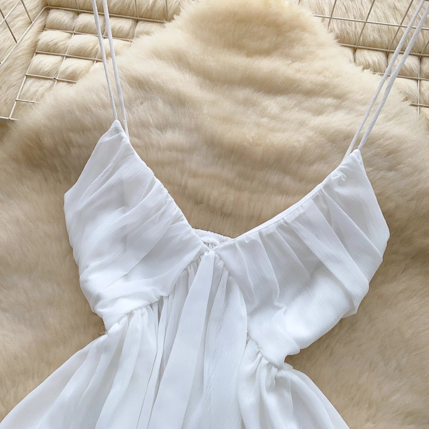 Chiffon Tops Straps Deep V Backless Top Ruffles Short Tank Top Vacation Style Sexy Tops