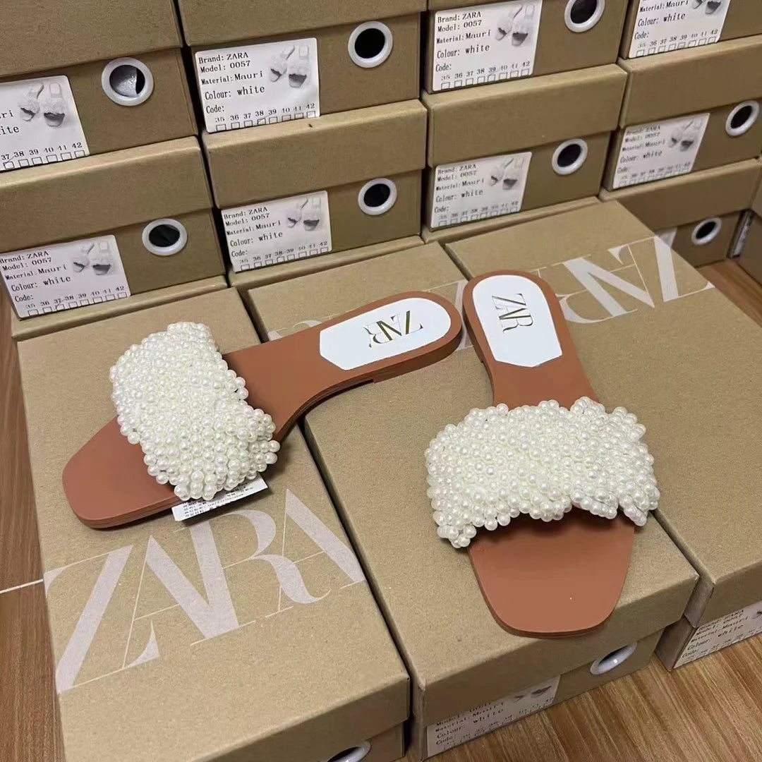 Women's White Pearl Weaving Flat Sandals