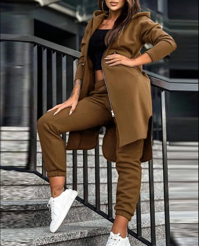 Women Pant Set Hooded Zipper Long Coats Two Piece Suits Casual Straight Pants