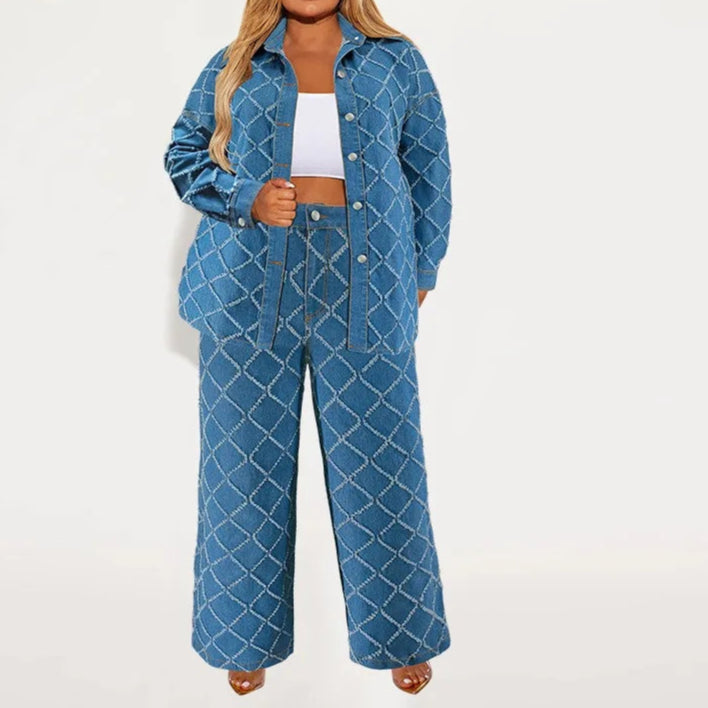 Plus Size Denim Two Piece Sets Women Long Sleeve Tops and Pants Matching Suits