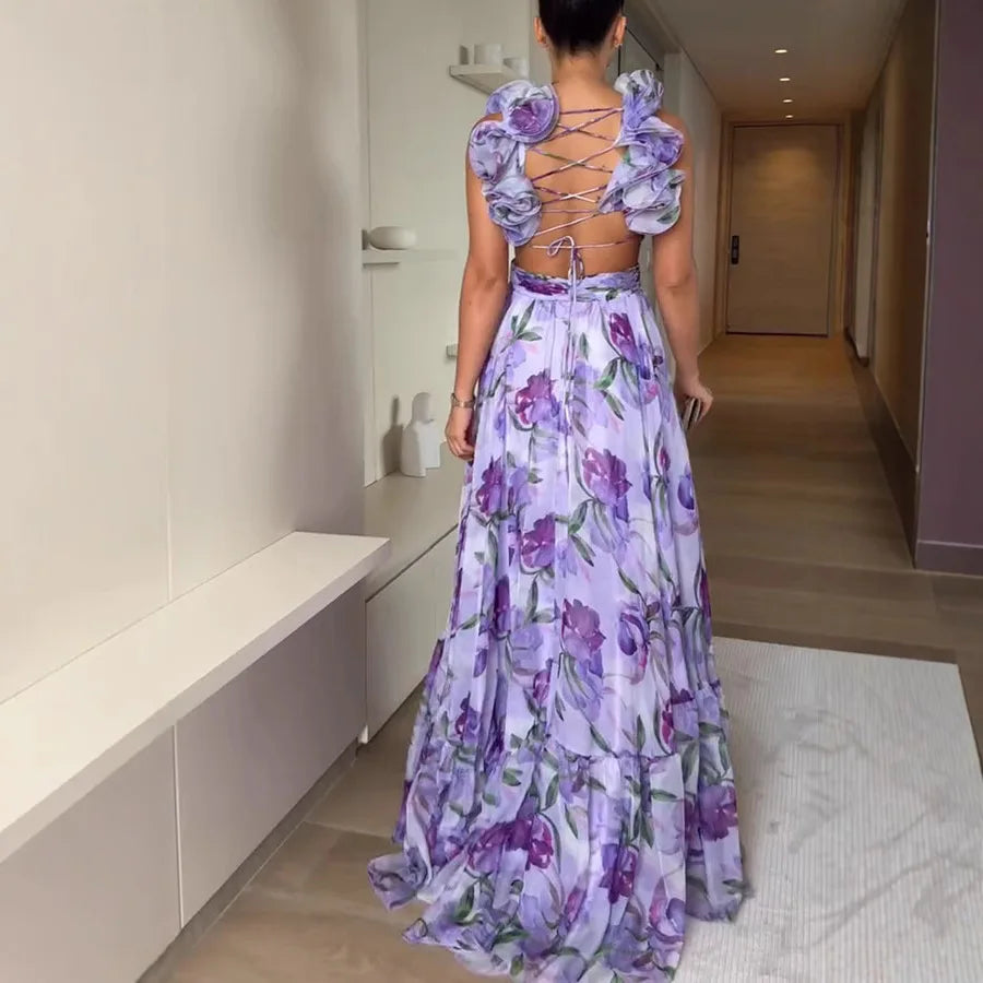 Women Chiffon Ruffle Edge Printing Maxi Dress V Neck Pleated High Waist Ankle Length Dress