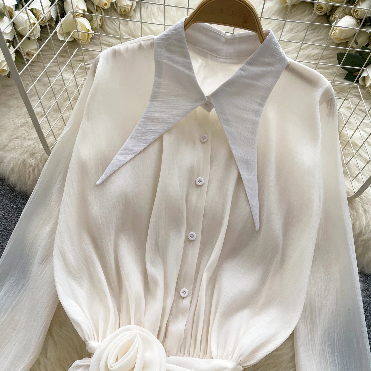 3D Floral Vintage Shirt Women Lapel Neck Long Sleeves Sheer Bohemian Organza Blouse