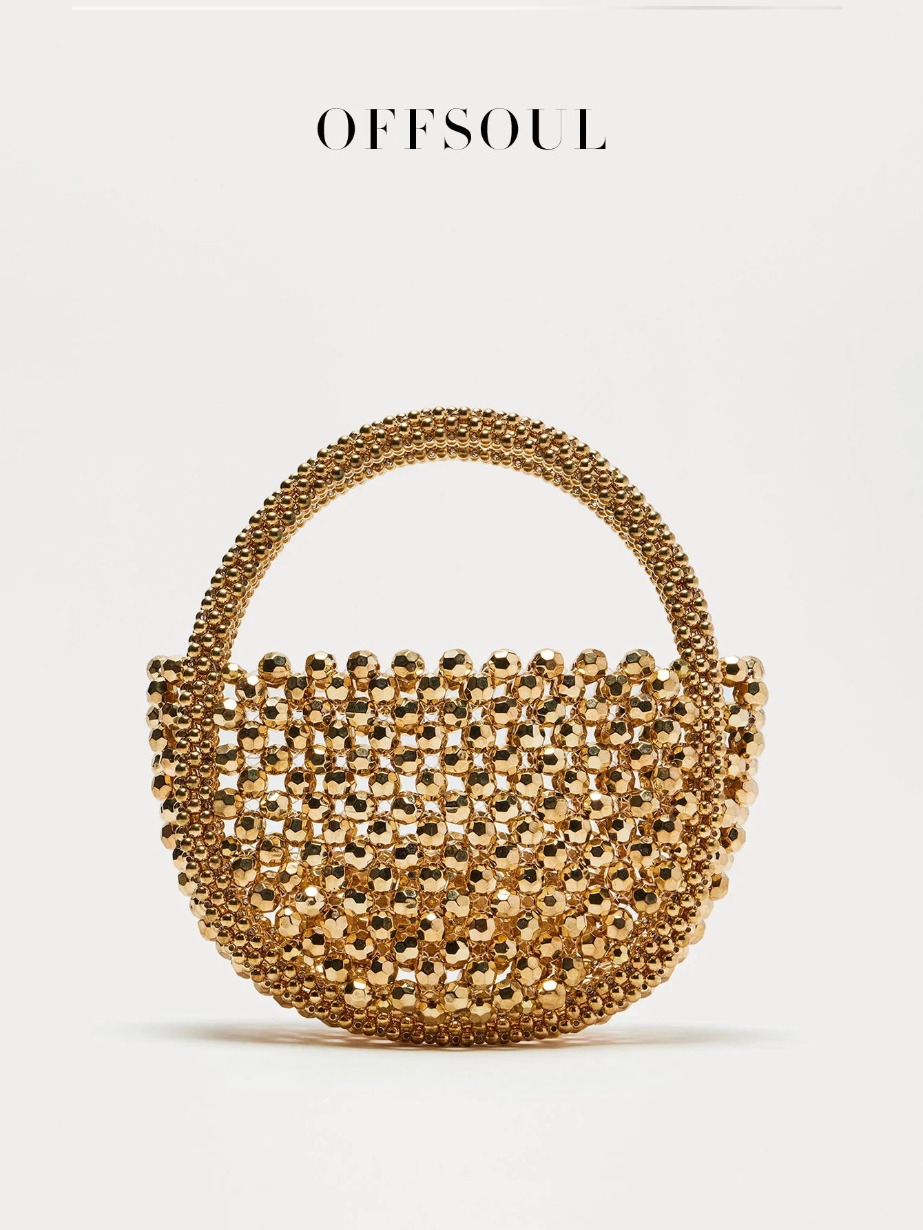 Hollow Hand-Made Metal Sense Gold Beads Woven Handbag Half-Round String Beads Pearl Bag