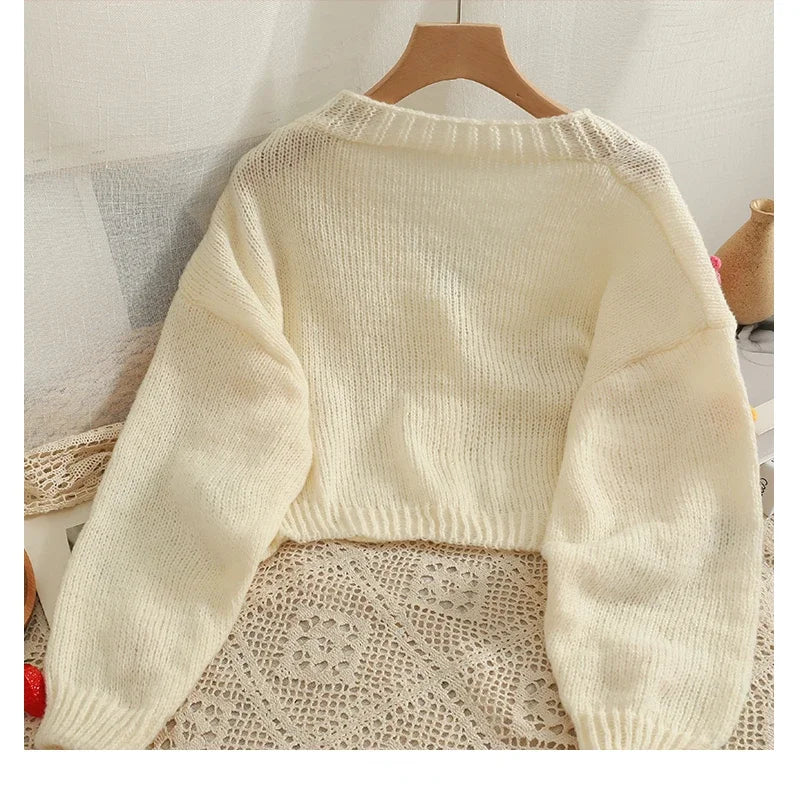 Colorful Flower Cardigan for Women Cute Long Sleeve V-neck Knit Crop Sweater