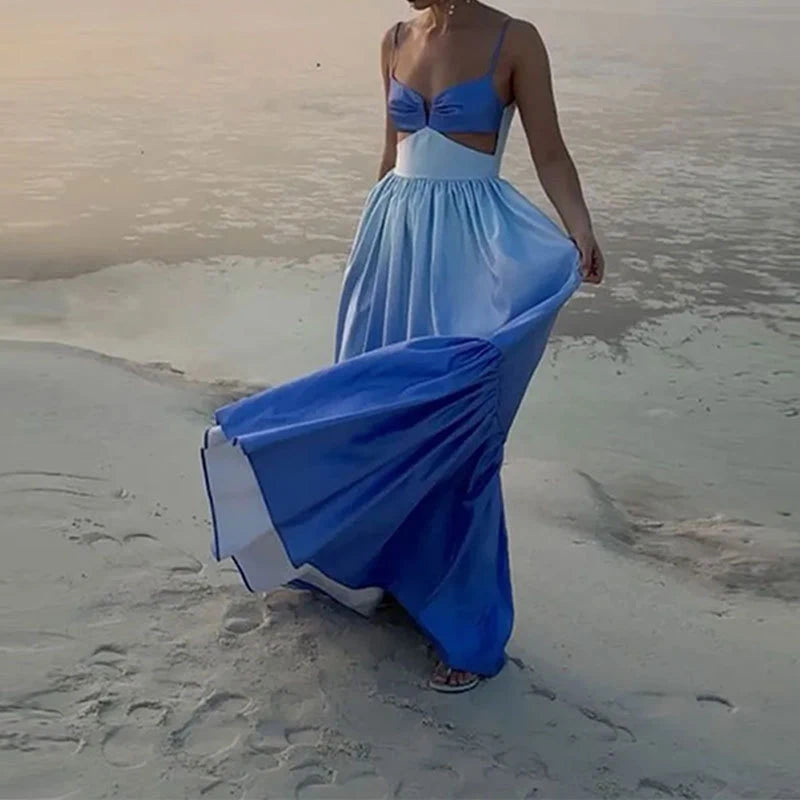 Gradient Color Hollowed Out Pleated Long Big Swing Maxi Dress Sun Dress