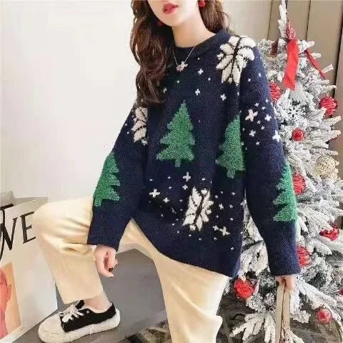 Christmas Style Pullover Sweater Women Y2K Crew Neck Couples Knit Sweater