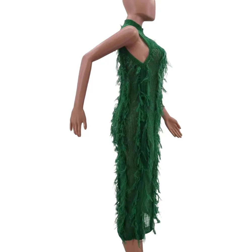 Fur Hollow Out Perspective Midi Dress Women Round Neck Sleeveless Slim Dress