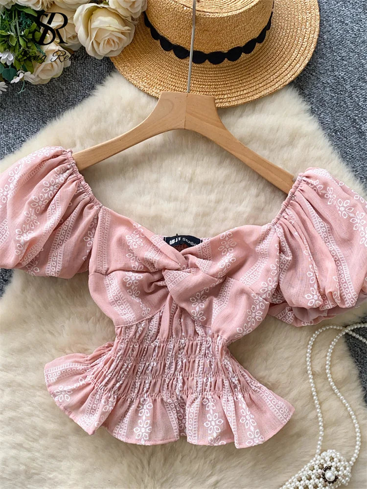 Jacquard Blouse Square Collar Puff Sleeves Elastic Slim Crop