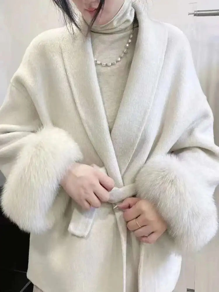 Women Overcoats Fur Patchwork Long Sleeve Woolen Coat