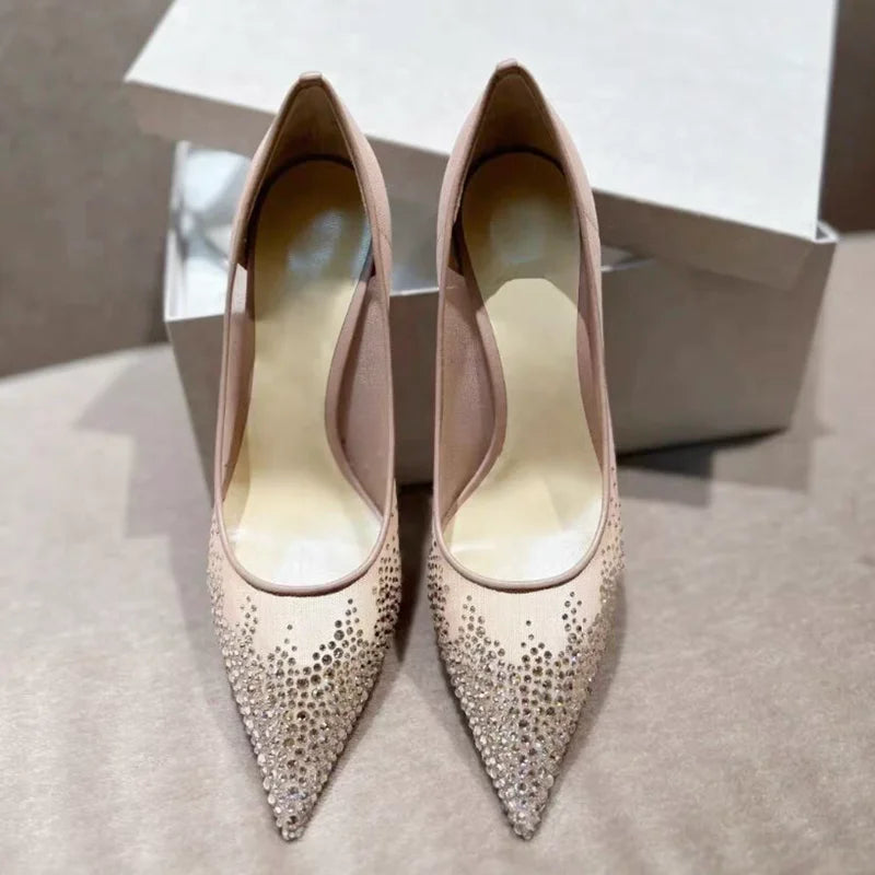 Mesh Pointed Shallow Mouth Sexy Pump Heels Stiletto Shoes Bridal Shoes