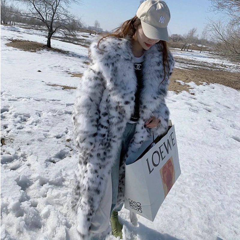 faux fur young leopard-print fur coat long knee-length mink coat