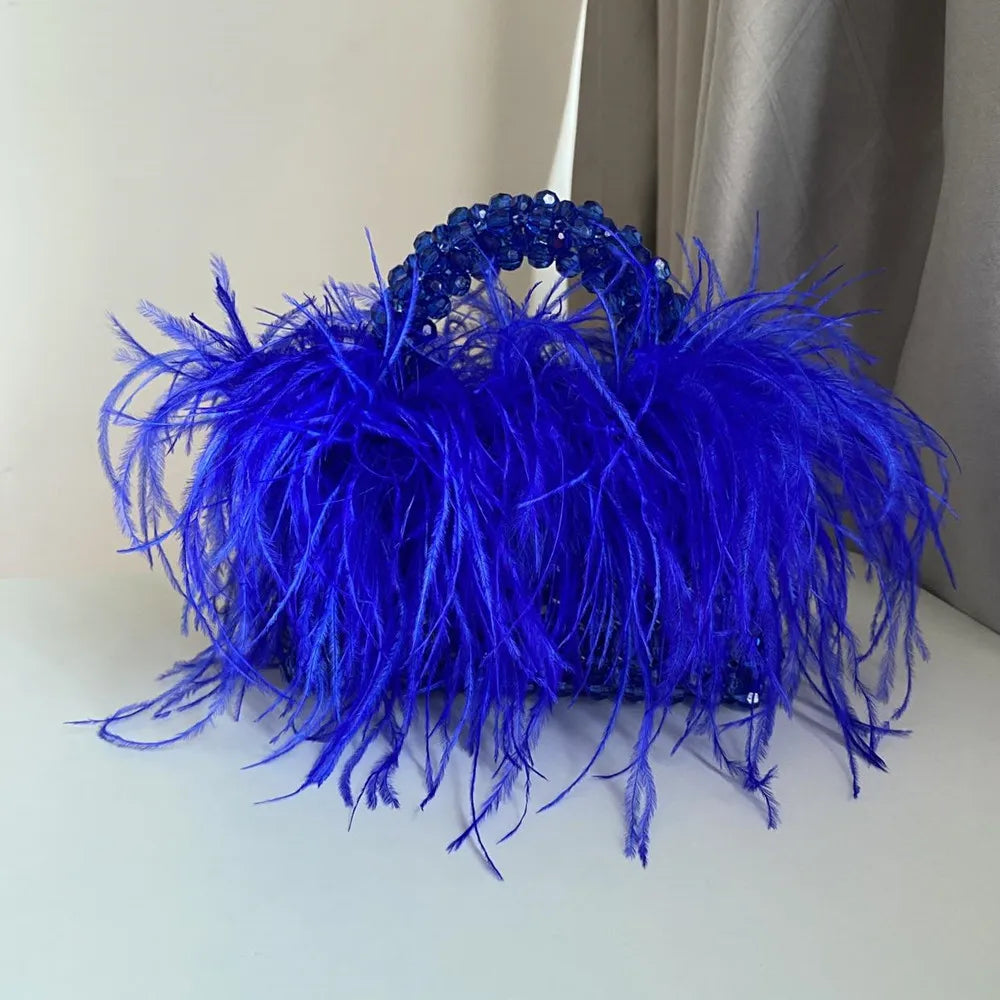 Pearl Bead Bag With Feather Fur Designer Brand Clear Acrylic Crystal Handbag Handmade
