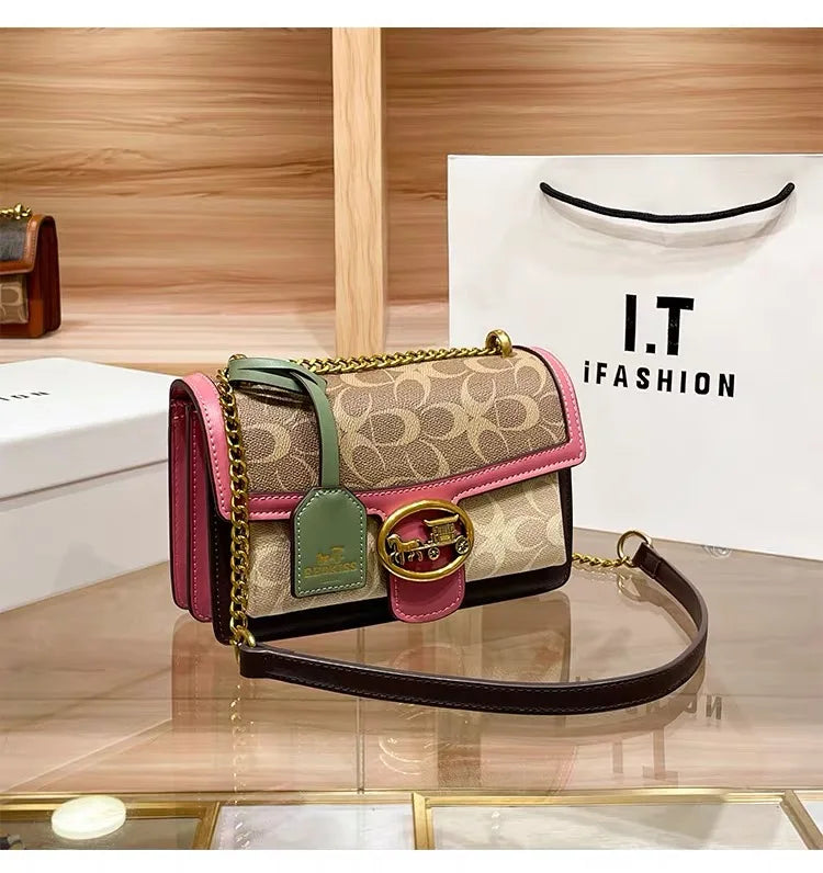contrasting color women's bag, high-end carriage crossbody bag, portable box bag