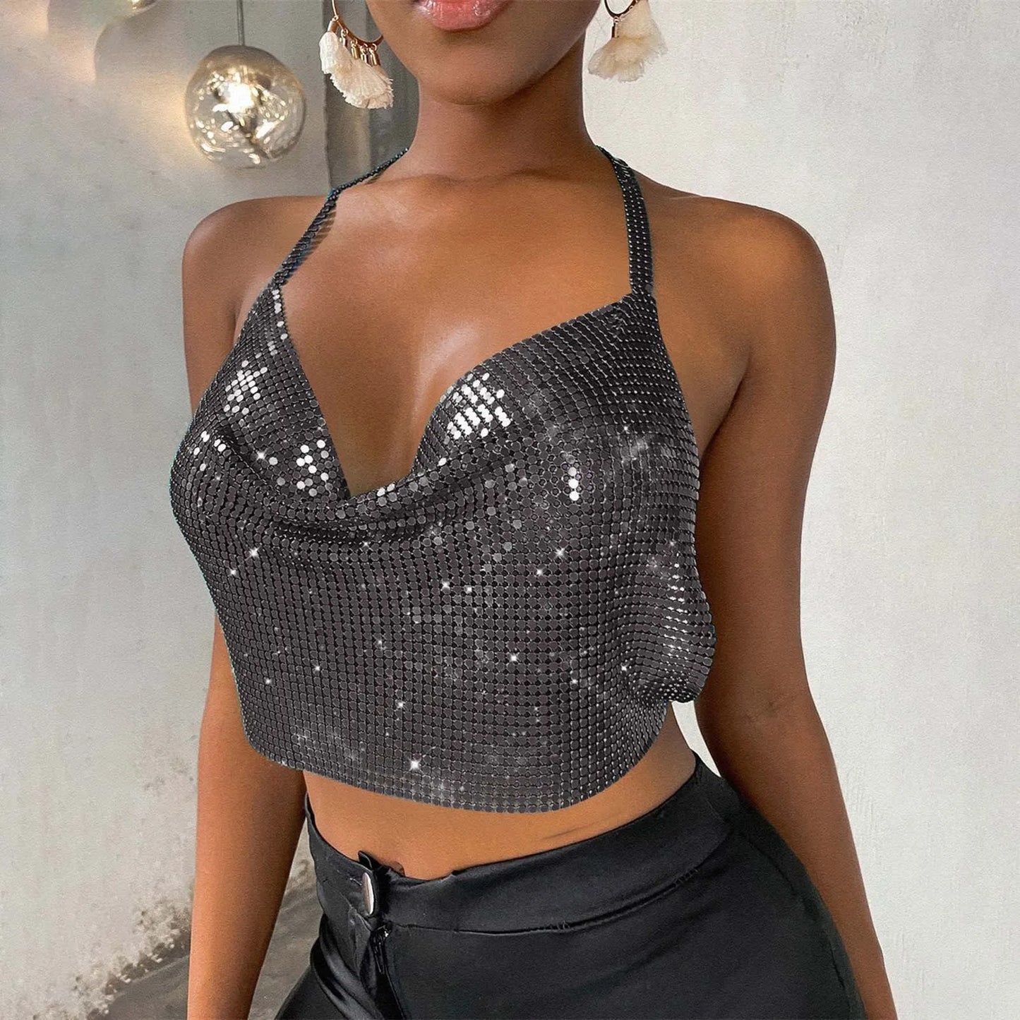 Sexy Sequins Metal Crop Tops Women Suspenders Halter Backless Night Club Tank Top