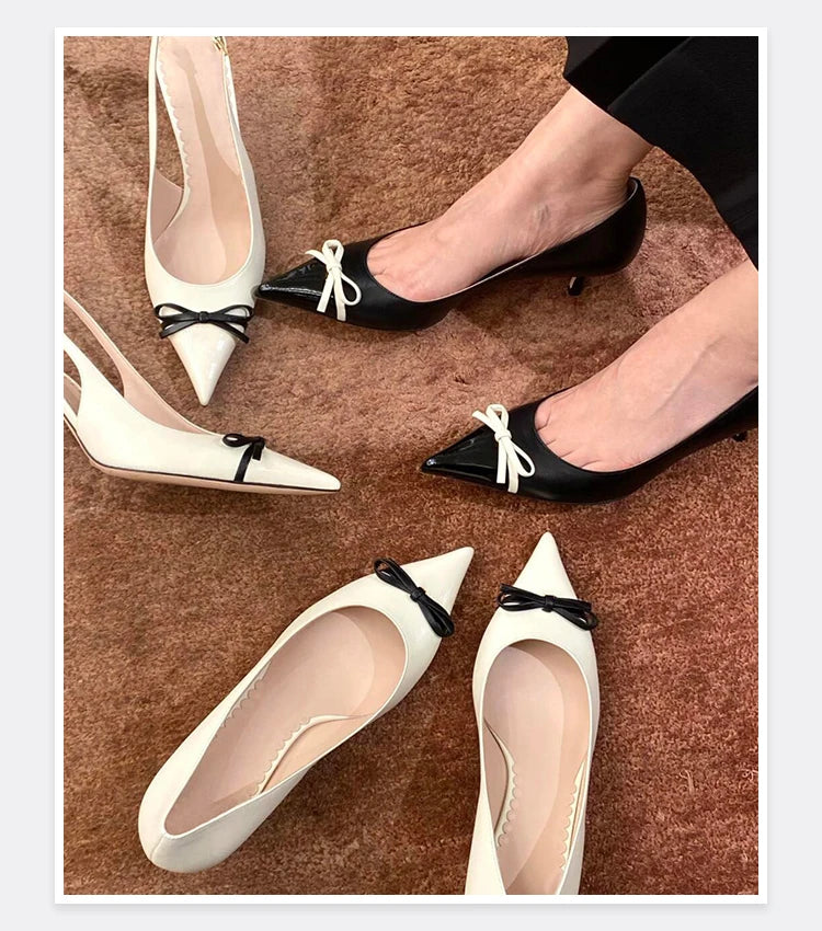 Butterfly Knot Color Blocked Shoes for Women Pointed Shallow Mouth Slim Heel High Heels