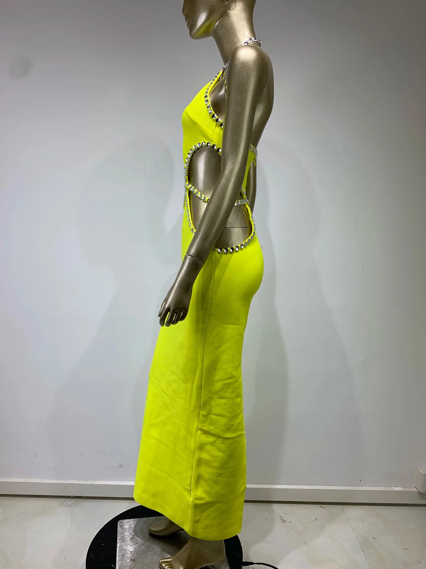 Sexy Backless Halter Beading Maxi Long Lemon Bandage Dress Cocktail Dress