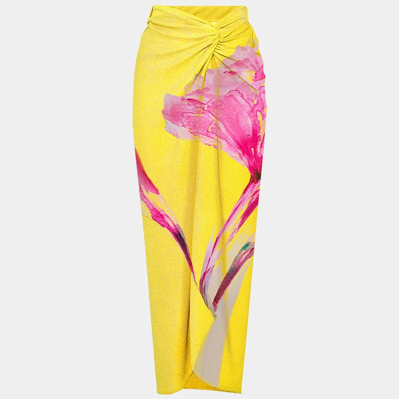 Yellow Printed Women 3D flower One Shoulder Beachwear with Skirt Two Pieces Sets Swimwear Bathing Suit