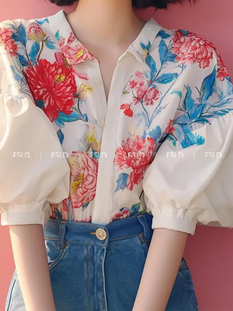 Flower Print Shirt Women French Temperament Lapel Puff Sleeve Button Blouse