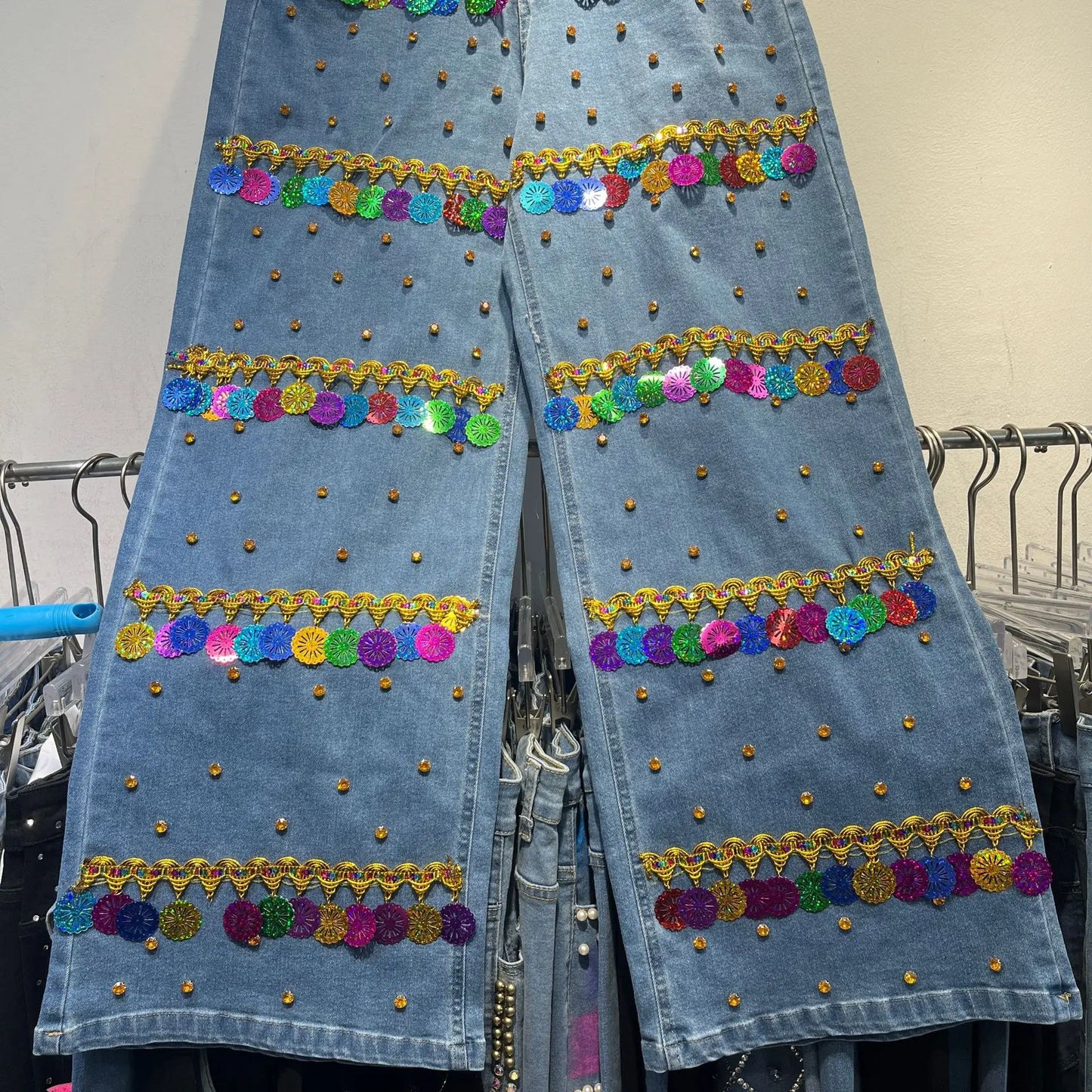 Sequined Denim Rhinestones Jeans Sleeveless Cowboy Vest + Jeans Pants