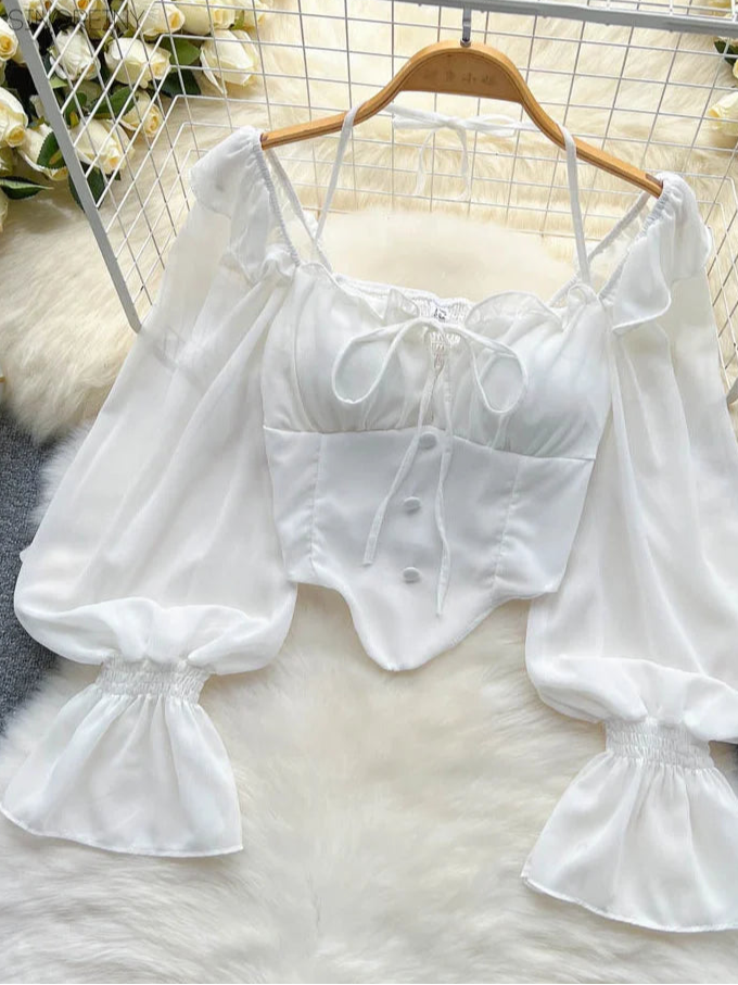 Flare Sleeve Women Top Ruffle Solid Elastic Waist Halter Backless Chiffon Blouse