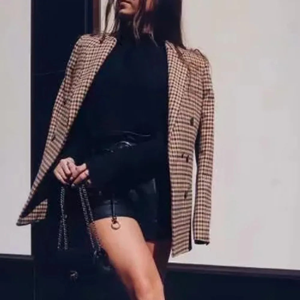 Women's Elegant Open Front Coat Retro Button Suit Coats Plaid Long Sleeve Flannel Lapel Blazer