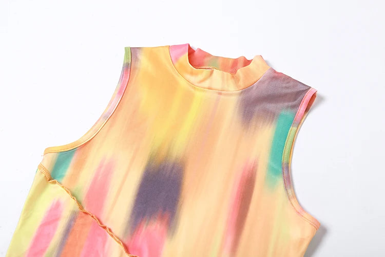 Colorful Print Dress Women Sleeveless Patchwork Skinny Bodycon Dress