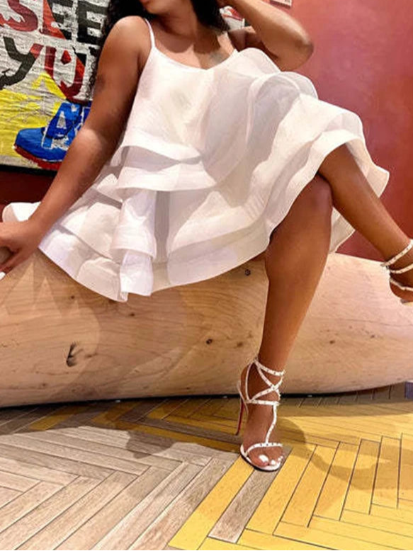 Sexy Short Daring Dresses Summer Spaghetti Strap Mini Dress with Cascade Ruffles