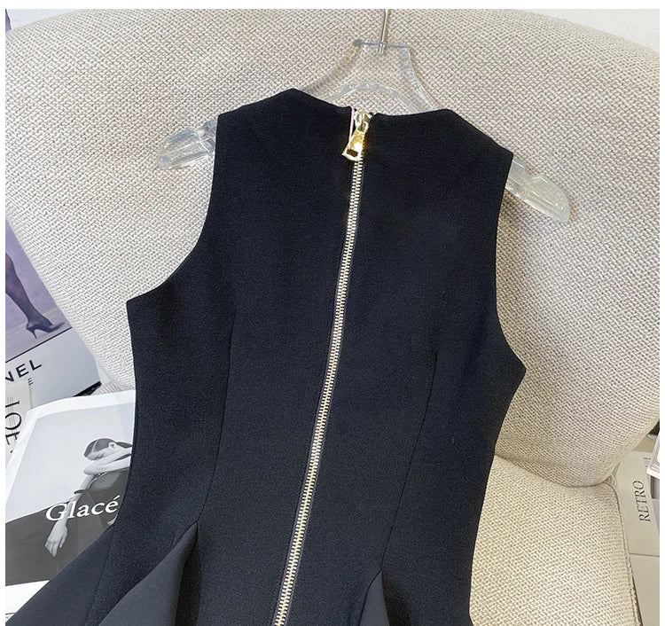 French Elegant Sleeveless A-Line Tunic Blouse Black Classic Gold Button