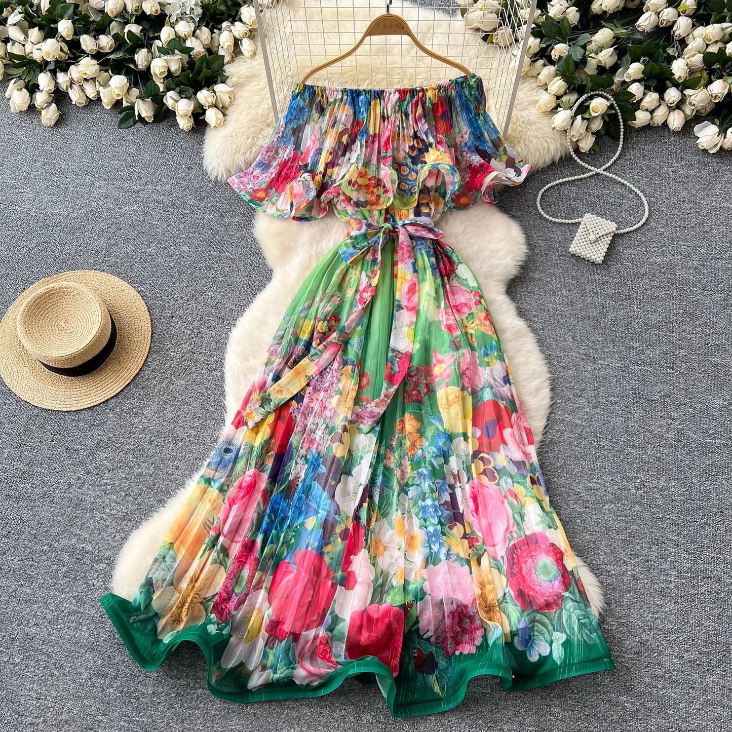 Off Shoulder Gorgeous Flower Holiday Dress Women's Wedding Guest Ruffles Batwing Sleeve Midi Dress