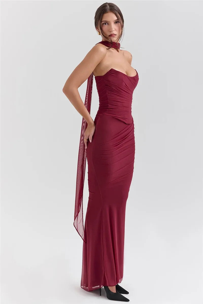 Wine Red Sexy Two Piece Sets Women Neckerchief Strapless Crop Tops And Maxi Skirt Sets