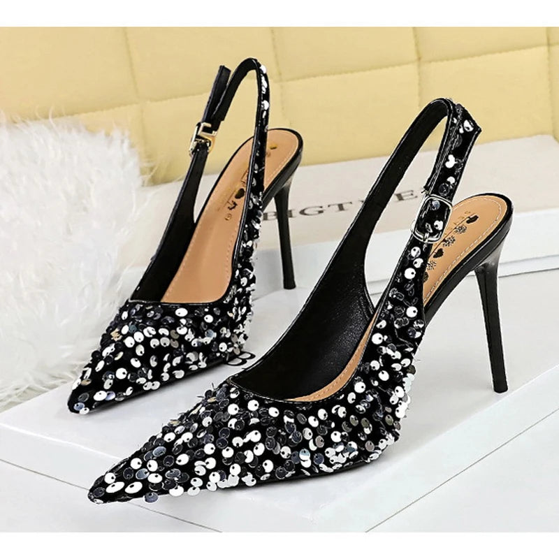 Sequined Cloth Woman Pumps Pointed Toe Thin Heels Hollow Buckle Strap Wedding Party Shoes